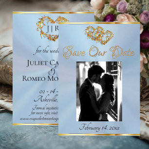 Foto, Herzen & Schleife - Pastellblau/Gold Save The Date