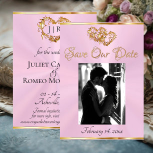 Foto, Herzen & Schleife - Pastellrosa/Gold Save The Date