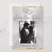 Foto, Herzen & Schleife - Weiße Perle/Silber Save The Date (Vorderseite)