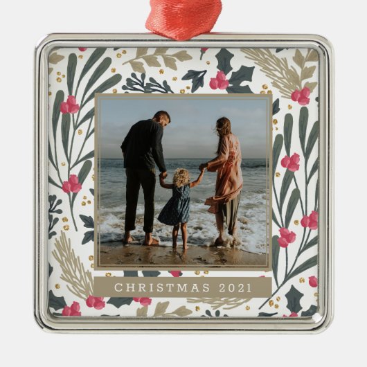 Foto hinzufügen | Aquarell Holly & Berries Ornament Aus Metall (Vorne)