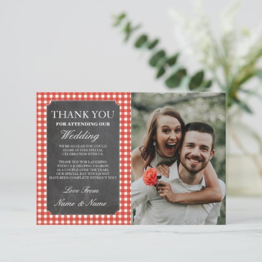 Foto-Hochzeit danken Ihnen, rustikale Karo-Kreide Dankeskarte (Stehend Vorderseite)