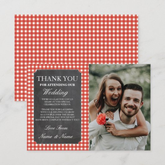 Foto-Hochzeit danken Ihnen, rustikale Karo-Kreide Dankeskarte (Vorne/Hinten)