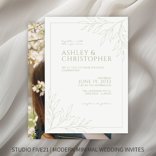 Foto Hochzeit der modernen Sage Green Foliage Kont Einladung