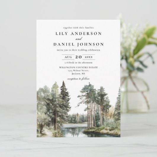 Foto Hochzeit des Waldes auf dem Wasserfarbensee Einladung (Stehend Vorderseite)