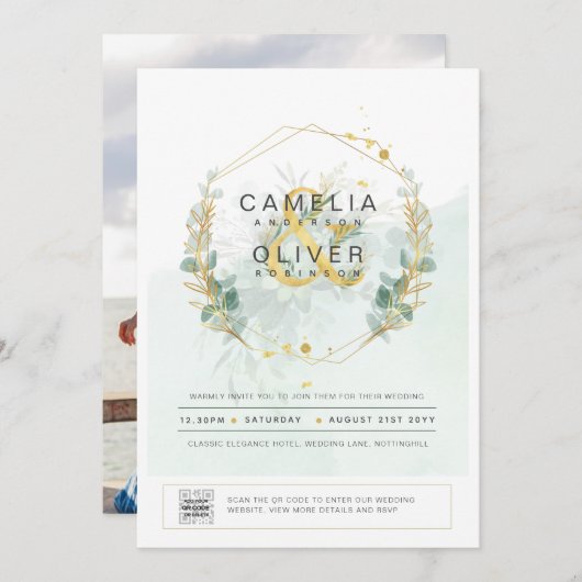 Foto Hochzeit Einladung botanische Vegetation Gold (Vorne/Hinten)