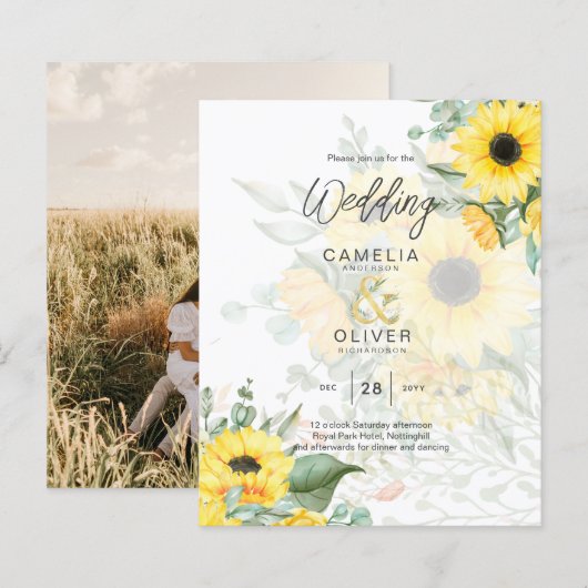 Foto Hochzeit Einladung mit Sonnenblumen (Vorne/Hinten)