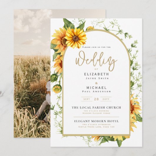 Foto Hochzeit Einladung mit Sonnenblumen (Vorne/Hinten)