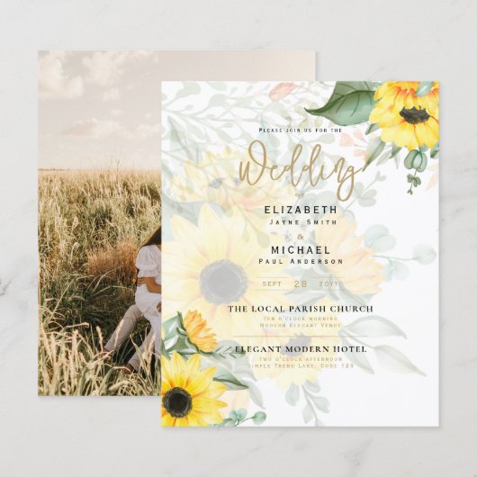 Foto Hochzeit Einladung mit Sonnenblumen (Vorne/Hinten)