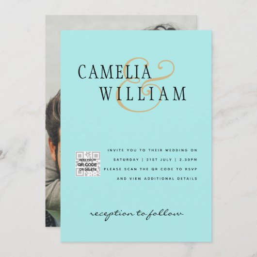 Foto Hochzeit Einladung QRCode UAWG Aquamarin Blue (Vorne/Hinten)
