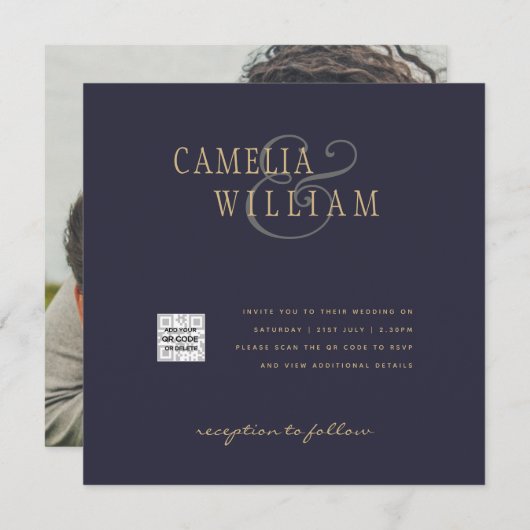 Foto Hochzeit Einladung QRCode UAWG Dark Blue (Vorne/Hinten)