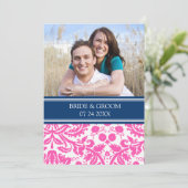 Foto Hochzeit Einladungen Blauer Rosa Damast (Stehend Vorderseite)
