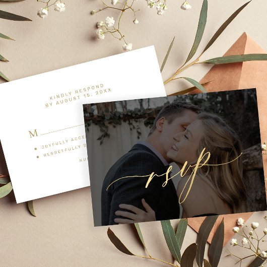 Foto Hochzeit Gold Kalligraphie Skript modern RSVP Karte