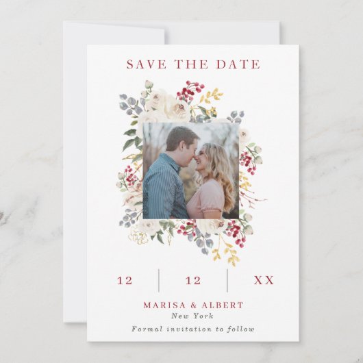 Foto Hochzeit im Winter mit Berries & White Roses Save The Date (Vorderseite)
