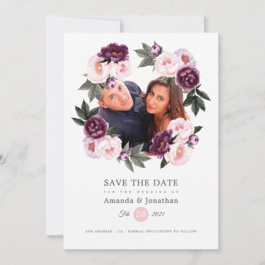 Foto Hochzeit in Rosa und tiefer Velvet Save The Date (Vorderseite)