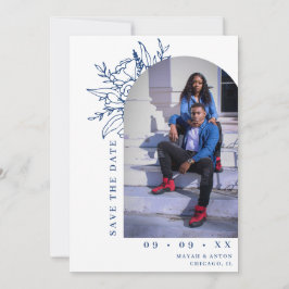 Foto Hochzeit mit blauen und weißen Botanischen Pf Save The Date