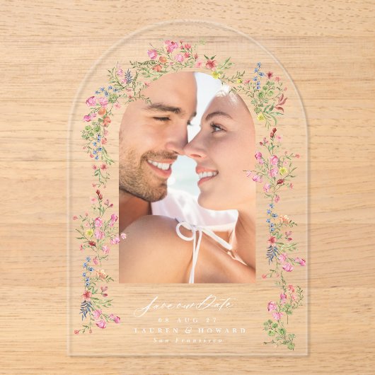 Foto-Hochzeit mit elegantem Blumenmuster rettete u Acryleinladungen (Vorderseite)