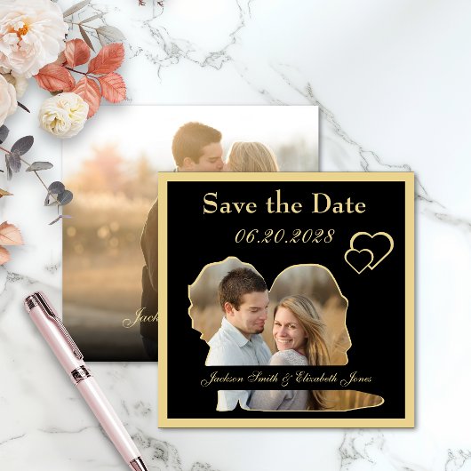 Foto-Hochzeit mit Gold Hearts und Groom Form Save The Date