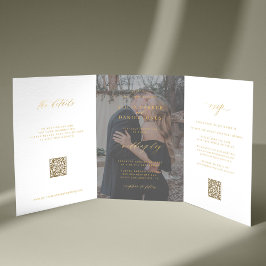 Foto Hochzeit mit Gold-Skript RSVP Details QR-Code Dreifach Gefaltete Einladung