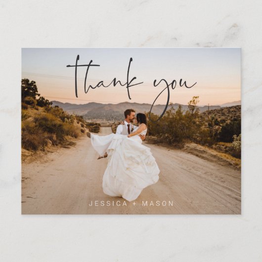 Foto Hochzeit mit Handschrift Danke Postcard Postkarte (Vorderseite)