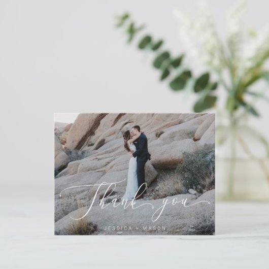 Foto Hochzeit mit Handschrift Danke Postcard Postkarte (Stehend Vorderseite)