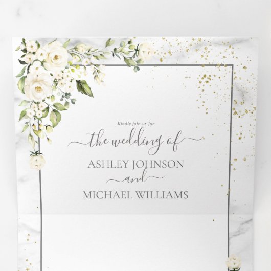 Foto Hochzeit mit hellgrauem, weißem, blumenfarben Dreifach Gefaltete Einladung (Innen Erste Seite)