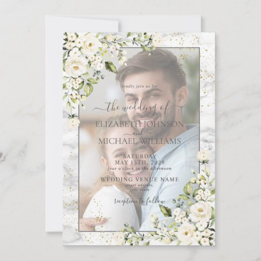 Foto Hochzeit mit hellgrauem, weißem, blumenfarben Einladung (Vorderseite)