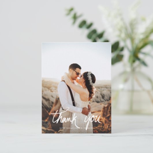 Foto Hochzeit oder Party Hand Writing Vielen Dank Postkarte (Stehend Vorderseite)