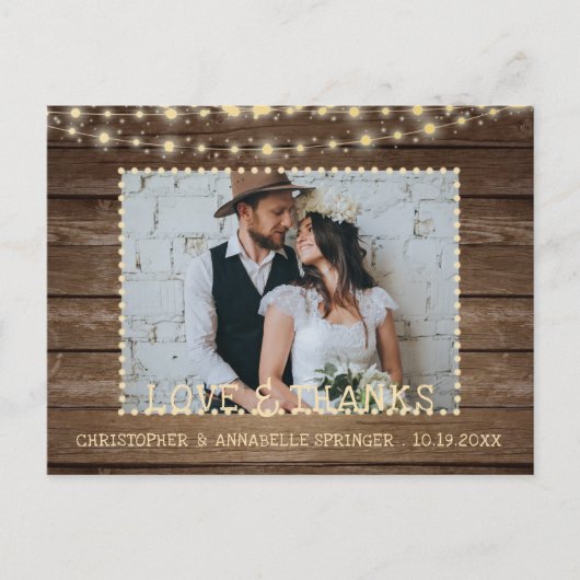 Foto Hochzeit rustikales Holz String Lights Vielen Postkarte (Vorderseite)