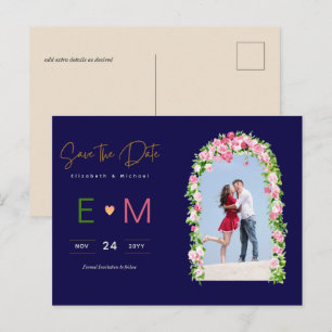 Foto Hochzeit Save the Date Navy Pink Floral Postkarte