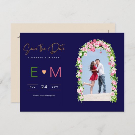 Foto Hochzeit Save the Date Navy Pink Floral Postkarte (Vorne/Hinten)