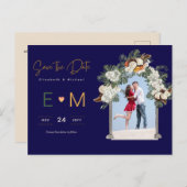 Foto Hochzeit Save the Date Navy Terracotta Floral Postkarte (Vorne/Hinten)