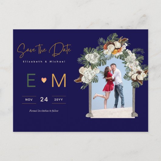 Foto Hochzeit Save the Date Navy Terracotta Floral Postkarte (Vorderseite)