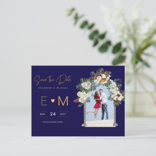 Foto Hochzeit Save the Date Navy Terracotta Floral Postkarte (Stehend Vorderseite)