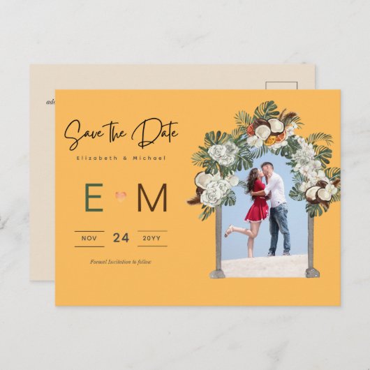Foto Hochzeit Save the Date Yellow Tropical Floral Postkarte (Vorne/Hinten)