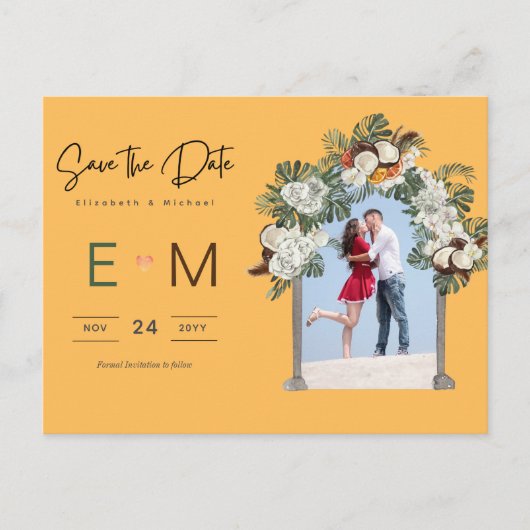Foto Hochzeit Save the Date Yellow Tropical Floral Postkarte (Vorderseite)