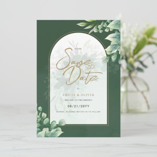 FOTO Hochzeit speichern das Datum Rustikal grün Einladung (Stehend Vorderseite)