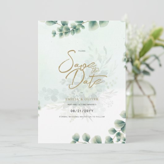 FOTO Hochzeit speichern das Datum Rustikal grün Einladung (Stehend Vorderseite)