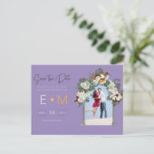 Foto Hochzeit Speichern Sie das Datum Lila Gold Fl Postkarte (Stehend Vorderseite)