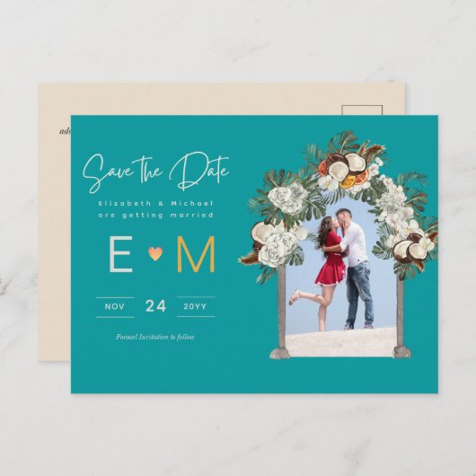 Foto Hochzeit Speichern Sie das Datum Türkis Aquam Postkarte (Vorne/Hinten)