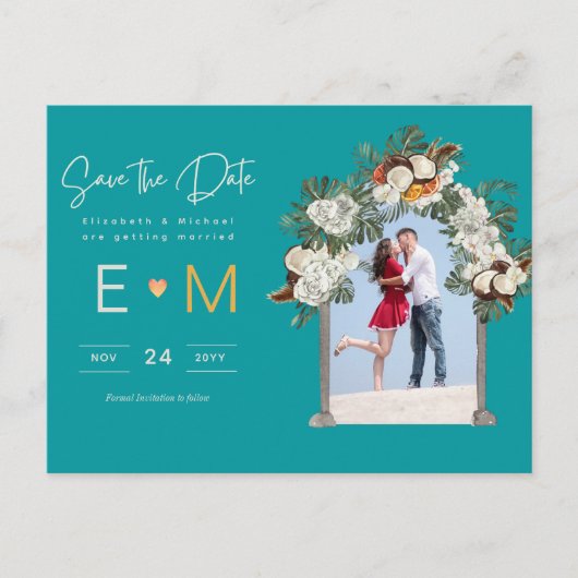 Foto Hochzeit Speichern Sie das Datum Türkis Aquam Postkarte (Vorderseite)