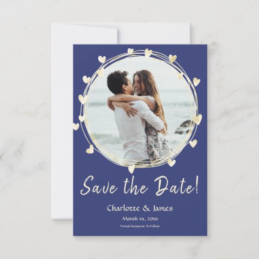 Foto Hochzeit speichert das Datum, goldene Herzen Save The Date (Vorderseite)