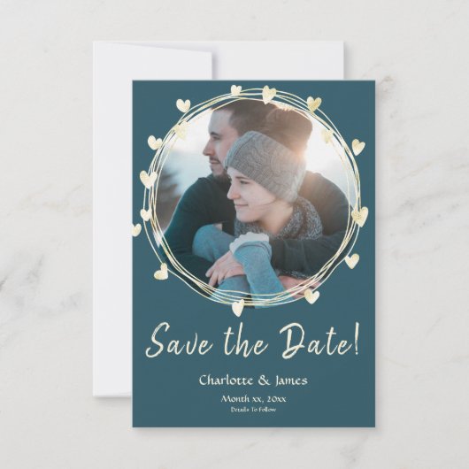 Foto Hochzeit speichert das Datum Goldene Herzen Save The Date (Vorderseite)