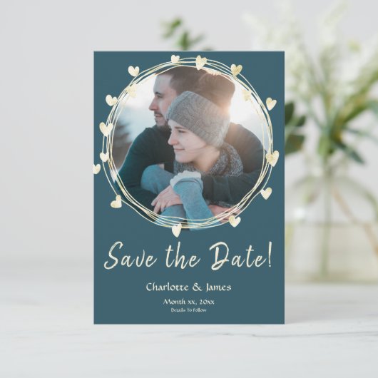 Foto Hochzeit speichert das Datum Goldene Herzen Save The Date (Stehend Vorderseite)