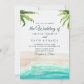 Foto Hochzeit von Aquarellstrand und Palmen Einladung (Vorderseite)