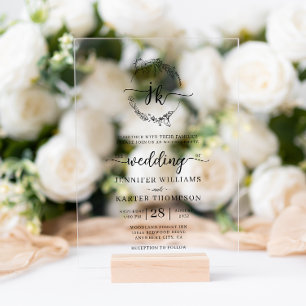 Foto-Hochzeit von Floral Wreath Monogram Acryleinladungen