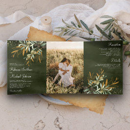 Foto Hochzeit von Green Gold Olive Blätter Dreifach Gefaltete Einladung