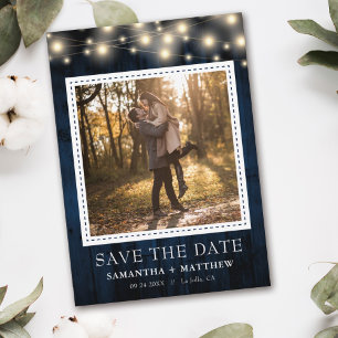 Foto Hochzeit von Navy Rustic Wood String Lights Save The Date