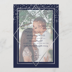 Foto Hochzeit von Navy Silver Confetti Geo Border Einladung