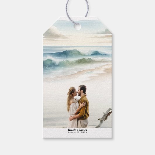 Foto Hochzeit von Watercolor Beach Waves Geschenkanhänger (Vorderseite)