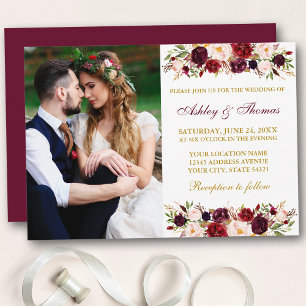 Foto Hochzeit von Watercolor Floral Burgundy Einladung